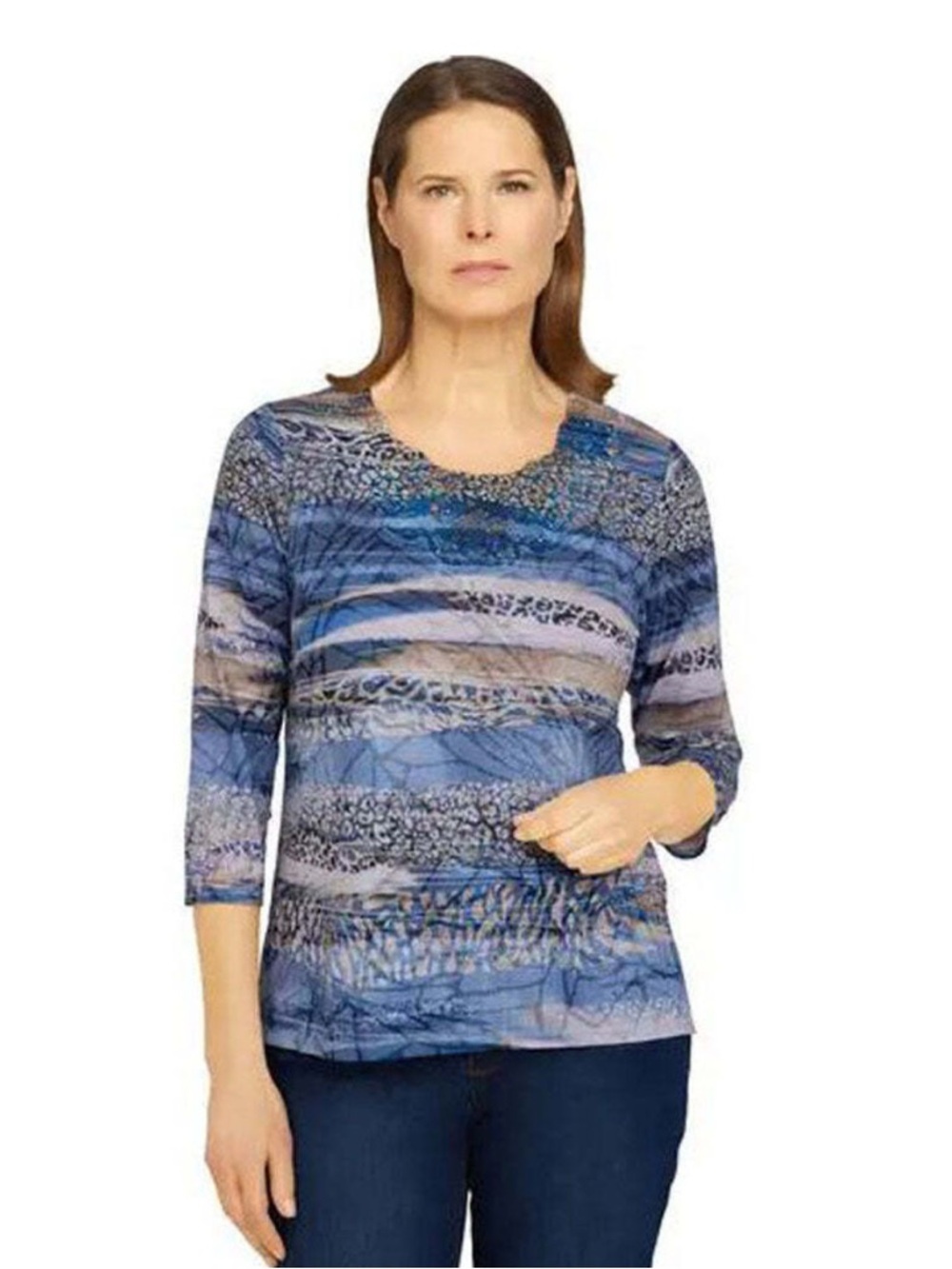 Alfred Dunner Blue and Cream Printed Long-Sleeve Top